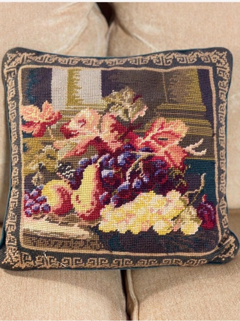 Vintage Classic Needlepoint Fruit Still Life Throw Pillow - Multicolor